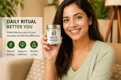 Woman holding a can of Machwa Matcha product with health benefits about matcha.